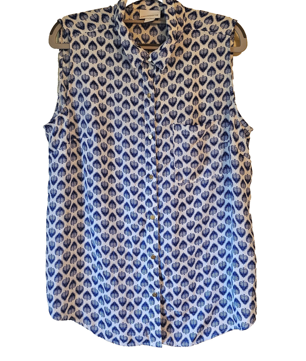 LIZ CLAIBORNE Button Up Sleeveless Blouse Gold Button Blue Leaf Print Size Large